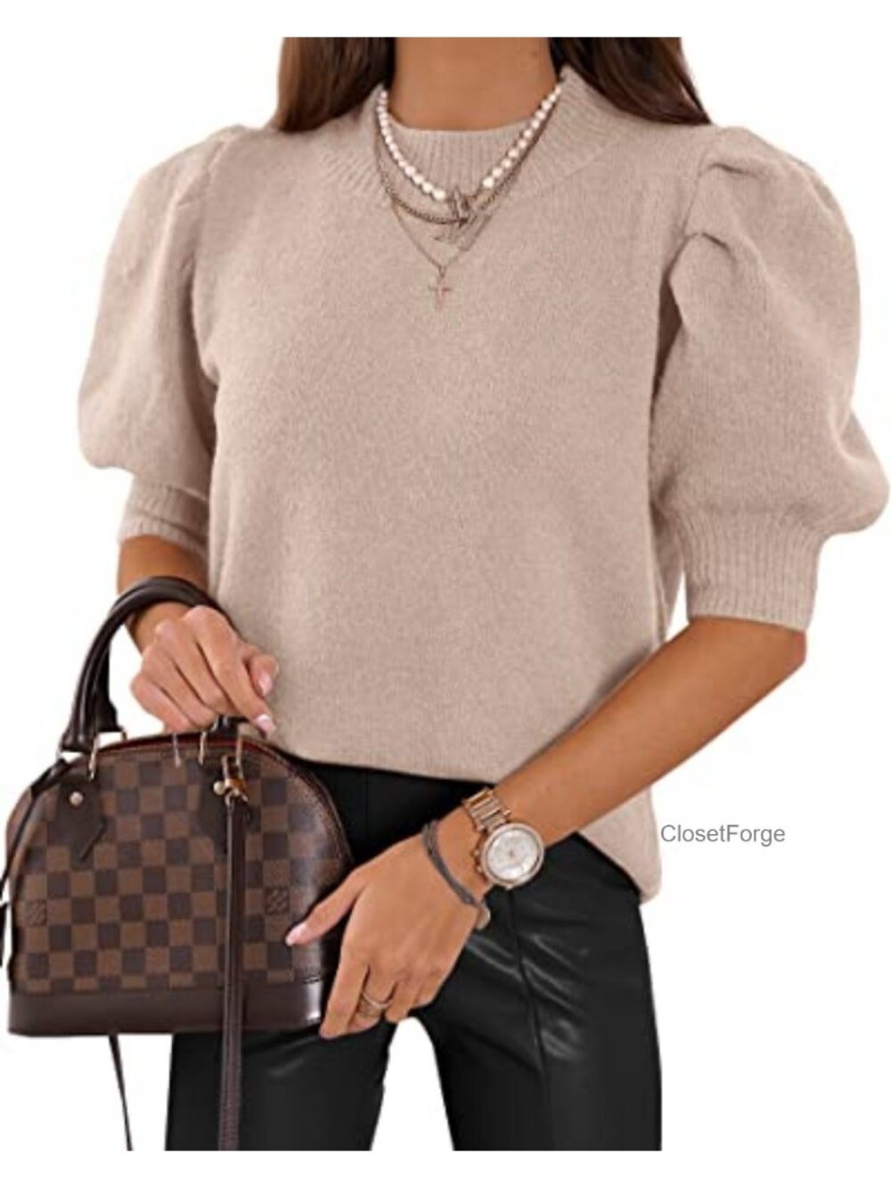 Womens Puff Short Sleeve Sweater Trendy Knit Crew Neck Casual Pullover